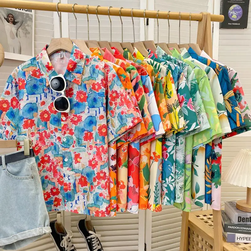 Hong Kong Style Retro Flower Shirt with Small Floral Loose Print Design Top New Arrival Beach Short Sleeve Student