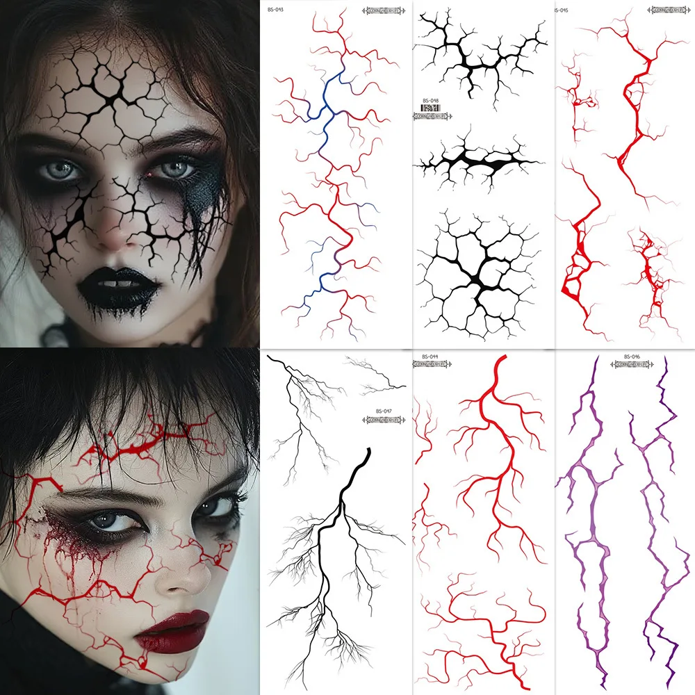 3Sheets Large Halloween Black Lightning Temporary Tattoo Sticker for Halloween makeup – Realistic Vein Design Face Tattoo Body