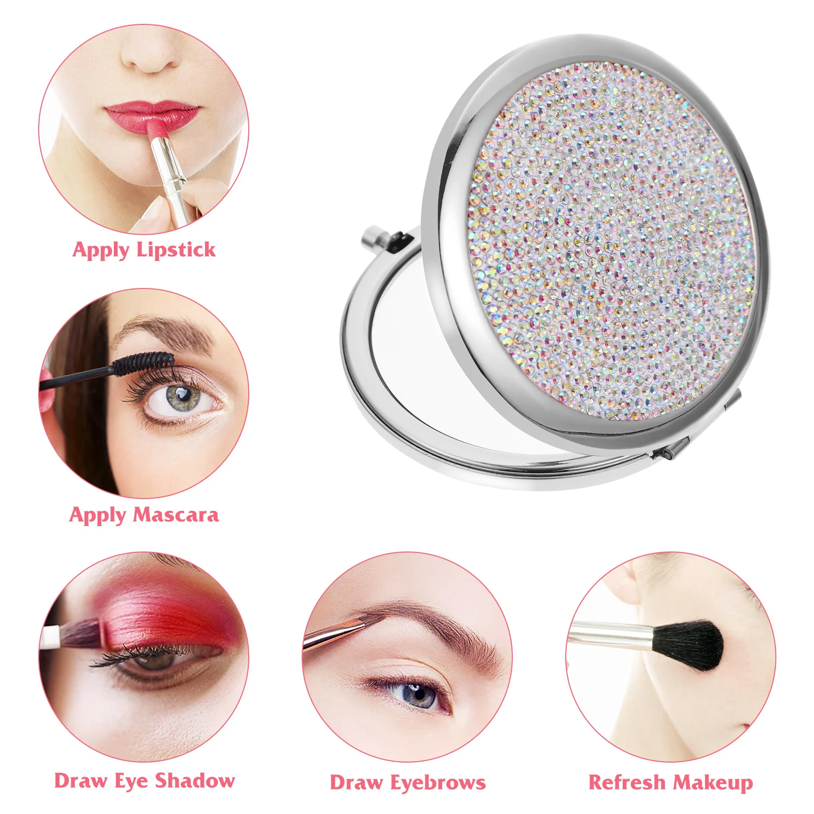 Portable Metal Mirror Rhinestone Encrusted Compact Double Sided Folding Mirror for Outdoor Make Up Travel Pocket Essential