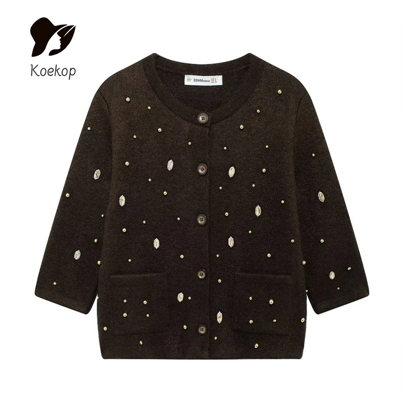 Koekop Women's Fashion Solid Color Single Breasted Jewelry Embellished Short Jacket Vintage Casual Women's Chic Lady Jacket