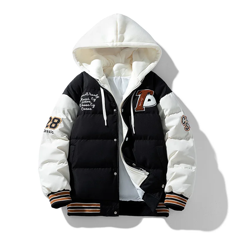 

2025 New Cotton Jacket Men Winter Youth Thickened Down Coat Hooded Fake Two Piece Fashion Casual Parka Warm Outerwear Plus Size
