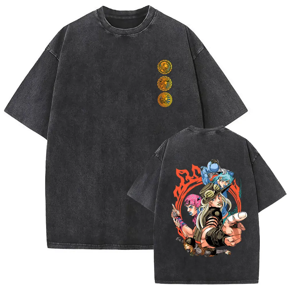 Anime Jojo's Bizarre Adventure Bruno Bucciarati Vintage Washed T Shirt Men Women Manga Retro T-shirts Male Oversized Streetwear