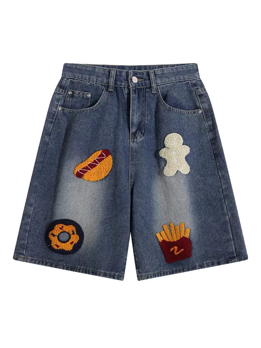 

American Vibe Embroidered Straight Leg Denim orts Women's High Waist Slimming Wide Leg Five-Quarter Length Casual Jeans