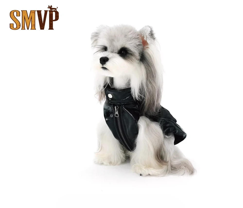 

Sweet and Cool Locomotive Style Pu Leather Pet Dog Small Dog Zipper Stand Up Collar Black Vest Waterproof and Anti Dirty