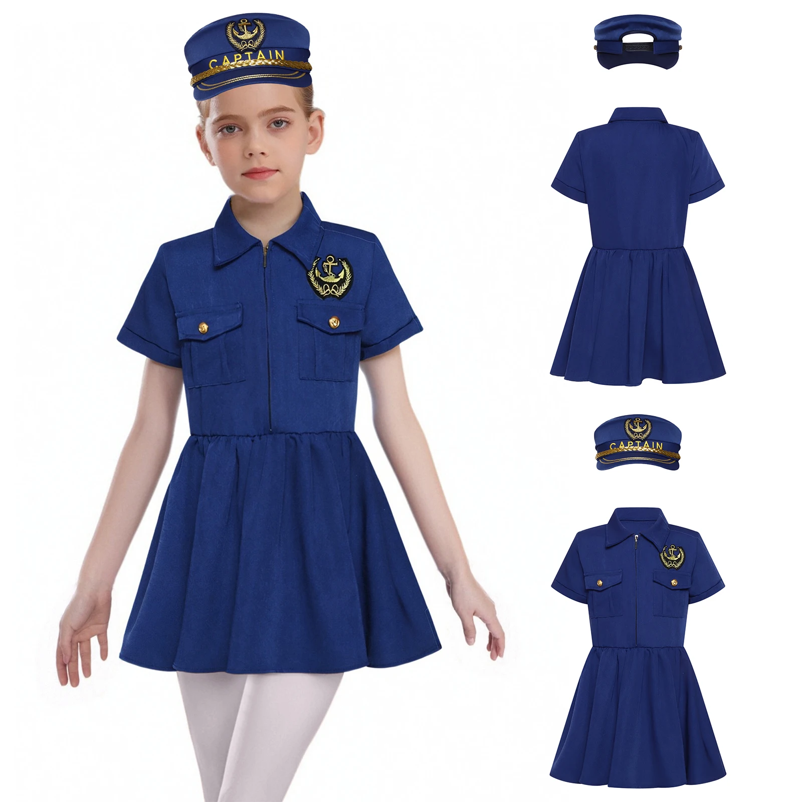 

Girls Aviation Uniforms Captain Pilot Police Officer Dress Halloween Cosplay Police Costume Short Sleeve Pockets Dress with Hat