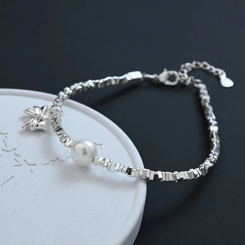 925 Sterling Silver Bracelets for Women Men String Accessories Trend Mini Beads Pearl Bow Pendant Party Jewelry Gift