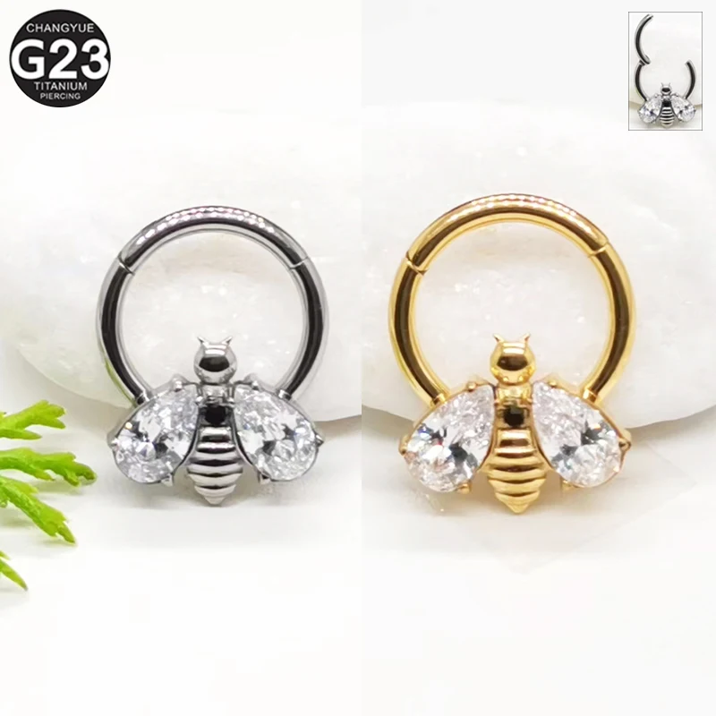 

Zircon Little Bee Earrings F136 Titanium Septum Piercing Nose Rings Cartilage Clicker Rings Tragus Helix Piercing Body Jewelry