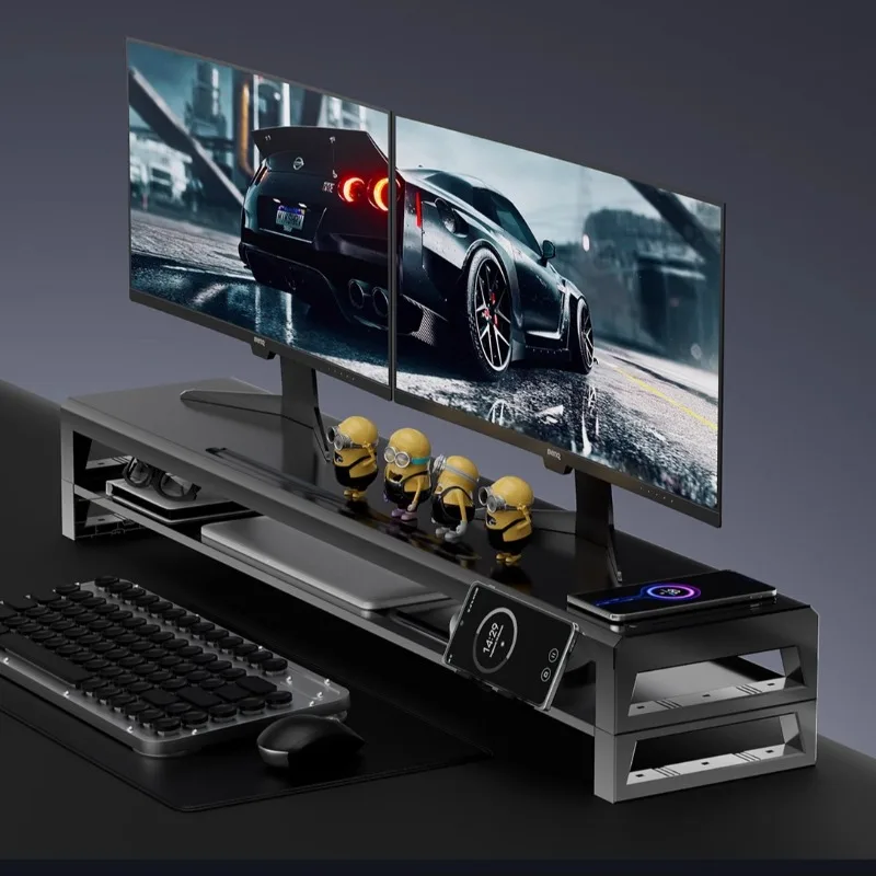 USB Charging Monitor Riser Gaming Desk Storage Rack Computer Display Organizer Shelf with Screen Support Bracket
