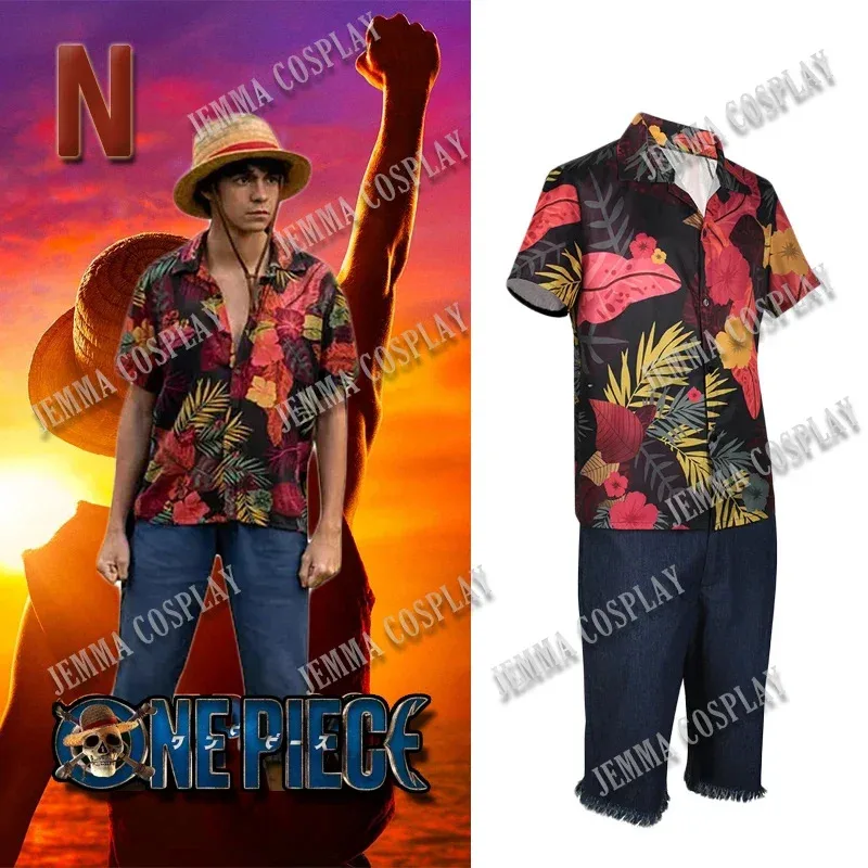 Serie de televisión japonesa Drama Luffy Cosplay camisa Floral disfraz de pirata disfraces de Halloween para hombres ropa de Anime actuación de fiesta