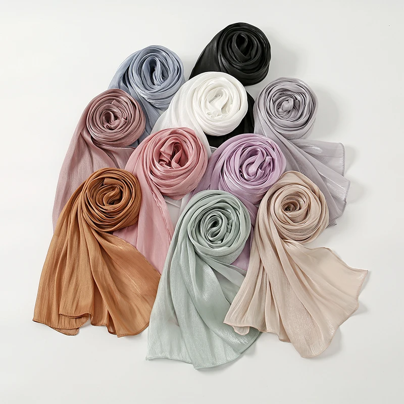 10 Kleur Glanzende Zijden Polyester Sjaal Hoofd Hijab Wrap Effen Vrouwen Sjaals Femme Dame Hoofdband Moslim Hijaabs Ramadan