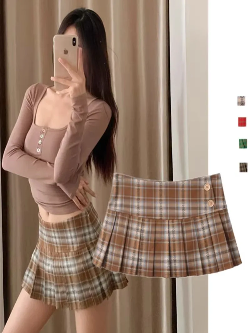 

American College Sle Retro Plaid Print Pleated Skirt Button Side Zipper Slimming Anti-Light f Body Skirt Trendy