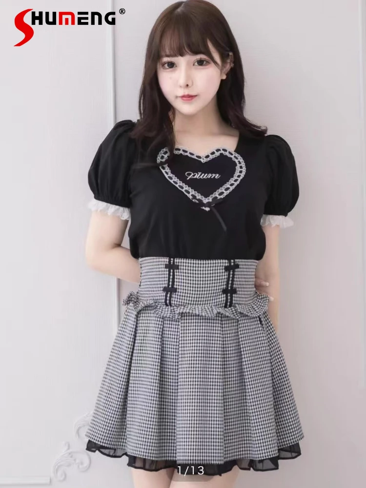 

Japanese Sweet Cute Ribbon Heart Letter Embroidery Round Collar Puff Sleeve Versatile Casual Knitted T-Shirts Tops Women Summer