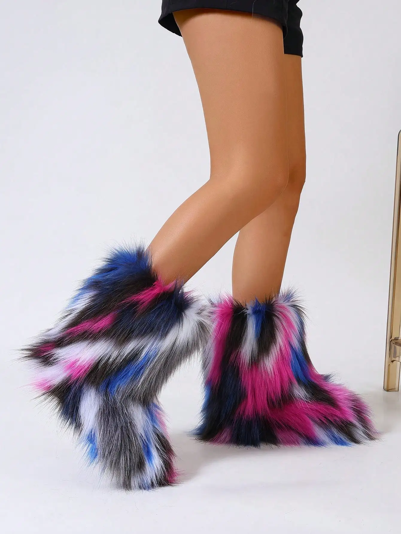 Women's Faux Fox Fur Boots For Autumn & Winter: Warm Mid-Calf, Plus-Size, Flat-Heeled, Thickened Faux Fox Fur, Round-Toe, High-Top Snow Boots.