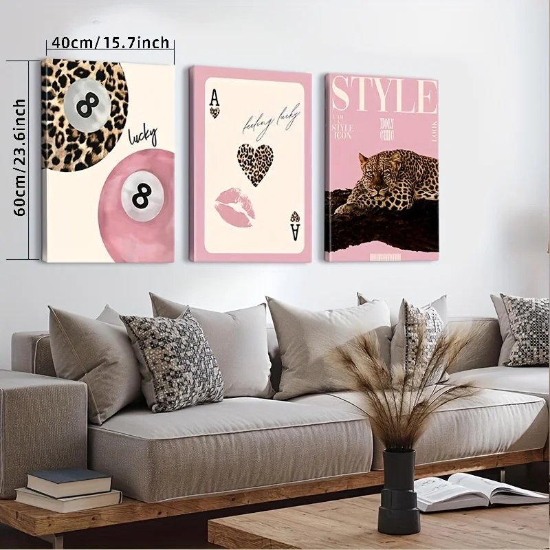 Conjunto de 3 Peças de Arte em Tela de Leopardo e Guepardo, Impressão Moderna Sem Moldura Impressão da Bola 8 da Sorte, Pintura em Tela para Decoração