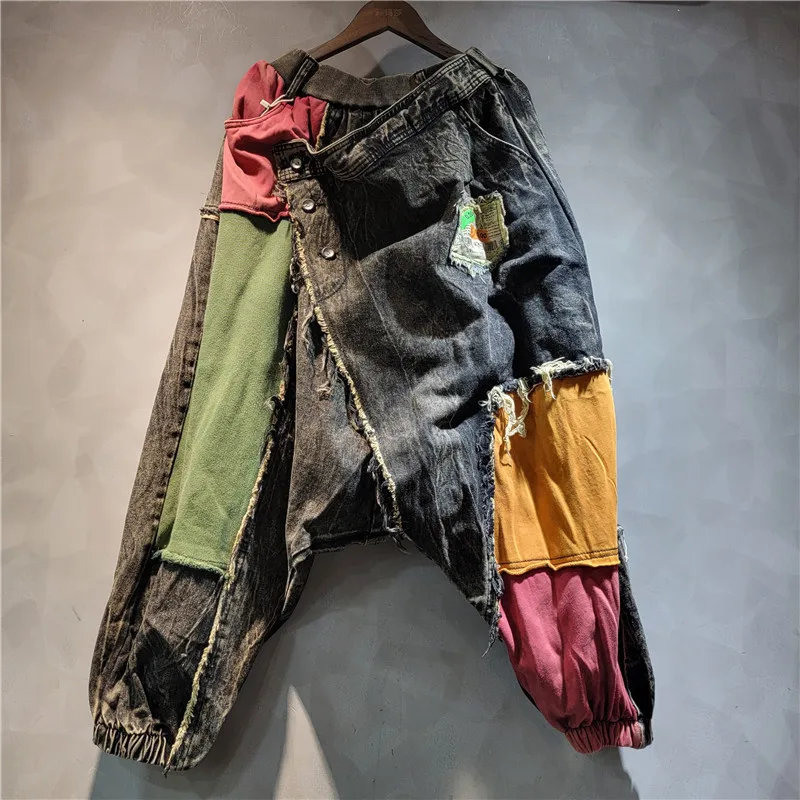 Chic Women Asymmetrical Denim Cross Pants Autumn Contrast Color Patchwork Ripped Jeans Oversized Cowboy Trousers Streetwear