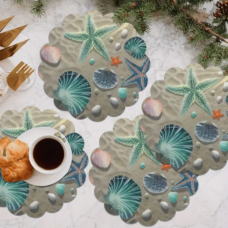 VIKAMA Beach Sea Star Shell Wave Meal Mat Thermal Insulation Fabric Table Mat Summer Ocean Vacation Wind Mat Table Decoration