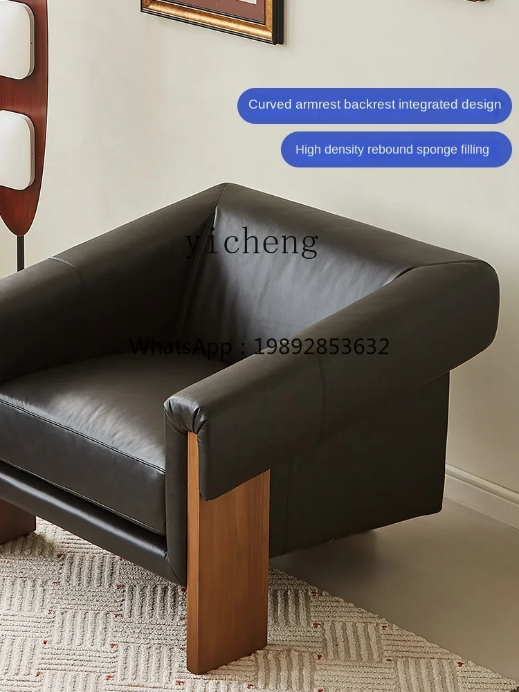 ZZZf Retro Leisure Sofa Single Seat Chair Solid Wood Leather Study Living Room Antique Furniture