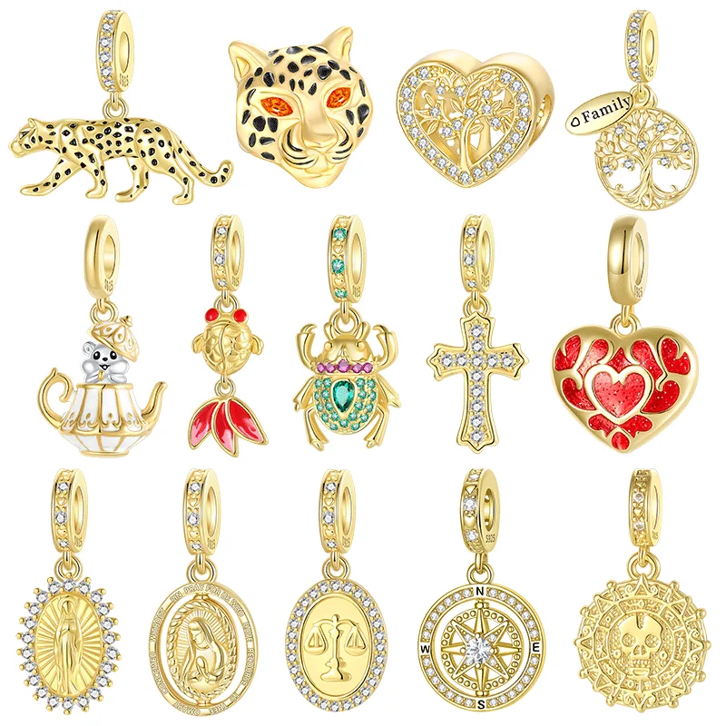 

Gold Series 925 Sterling Silver Teapot Goldfish Leopard Virgin Mary Pendant Fit DIY Bracelet Necklace Women's Jewelry Gifts