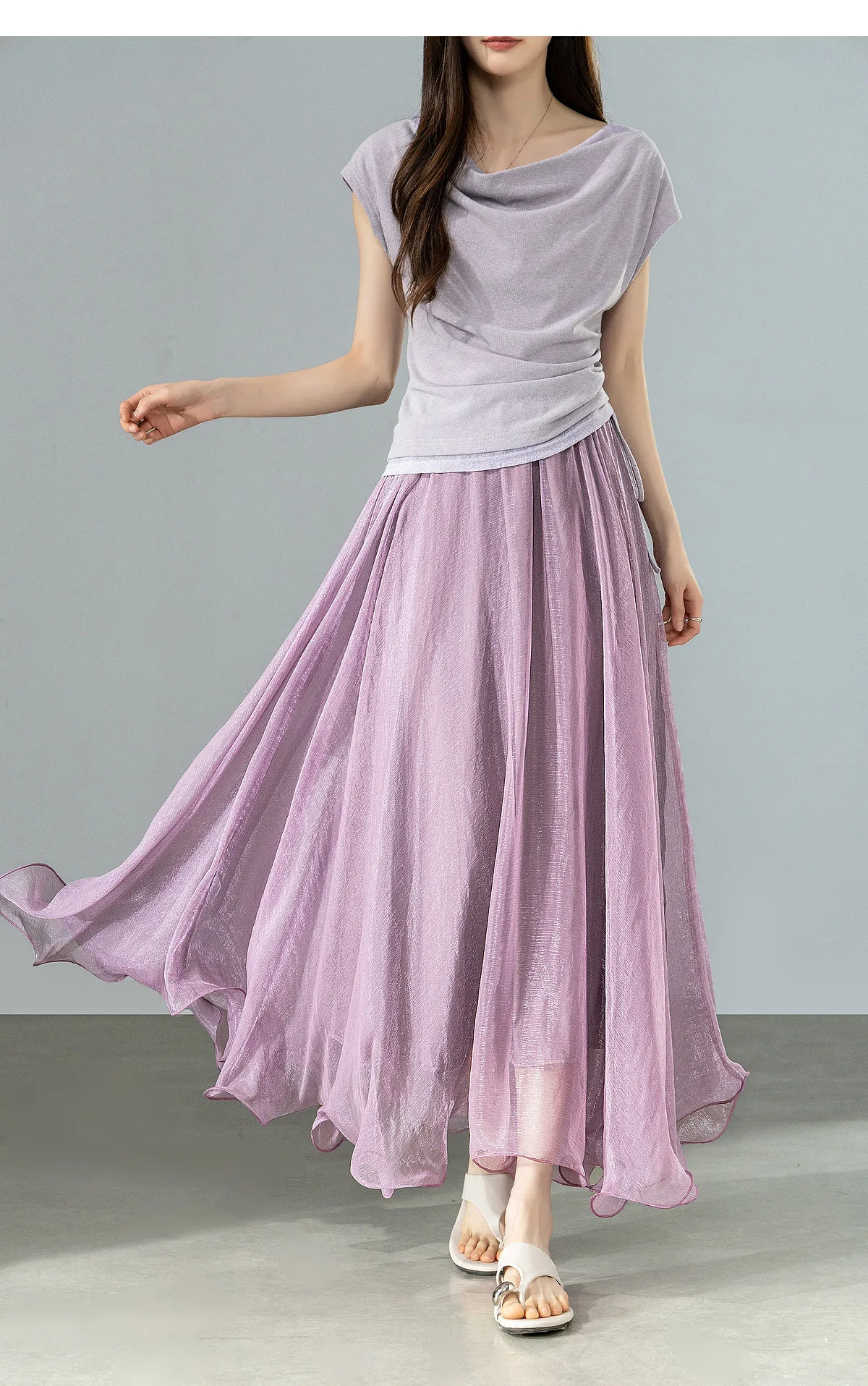 SENTUBILA Eleganter Hochgeschnittener Schimmernder Chiffon A-Linien-Rock 2026 Sommer Weißer Netzrock mit Elastischem Bund Damen-Unterteil W62QG7415 – Detail 25