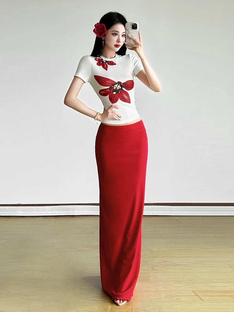 Tropical Style Women's Fashion Red Flower Printed White T-shirt and Bodycon Midi Skirt Suits Slim  Matching Two Pieces Sets