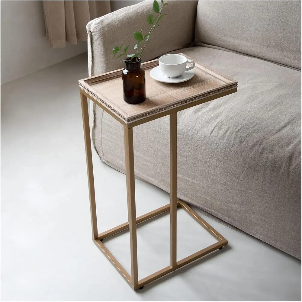 armhouse C Table Couch End Table, Rustic Distred Beaded Edge Tray Top Soa Snack Side Table, Gold