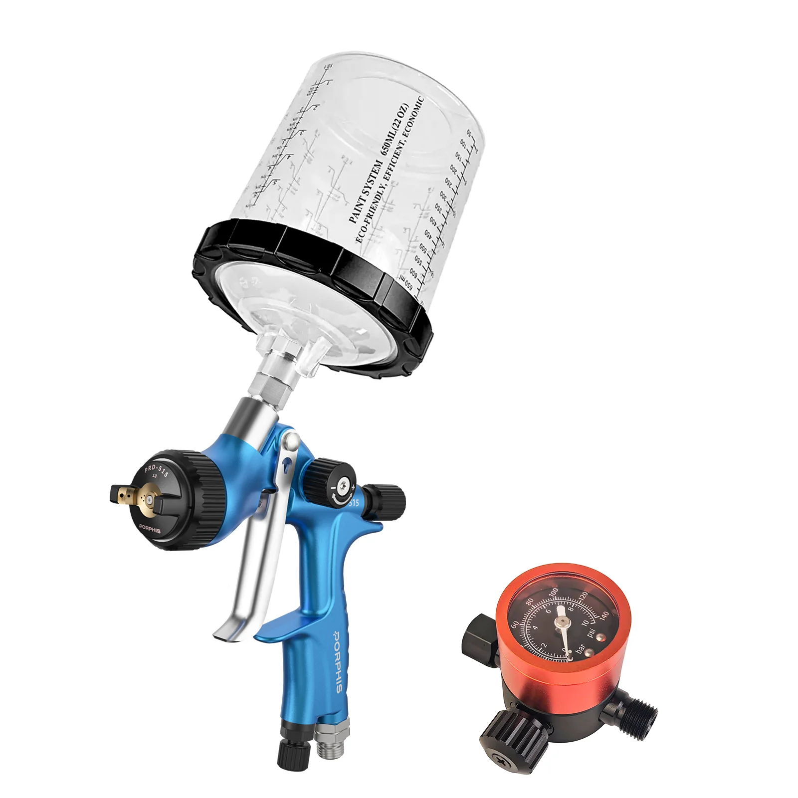 PORPHIS PRD-515 MP Spray Gun Automotive Spray Gun with Air Pressure Regulator Gauge Paint Gun for Base Coat Clear Coat Refinish