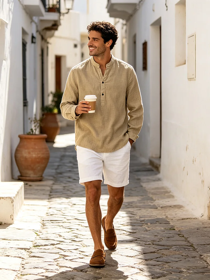 Herren Sommer Leinen Kurzarm Henley-Shirt mit Stehkragen, entspannte Passform, atmungsaktiv, leicht, lässiges Oberteil für den Alltag. – Detail 13