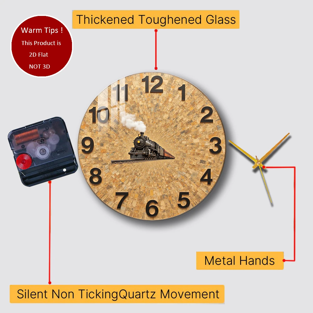 Relógio de parede de vidro temperado design de relógio de trem vintage adequado para decoração de parede ou exibição de mesa em qualquer lugar