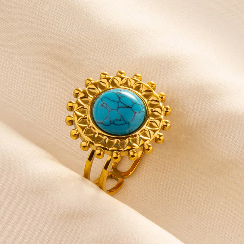 Fashion Gold Plated Bohemia Blue Stone Turquoise Open Ring Minimalist Stainless Steel Knuckle Rings Jewelry Gift For Women Girl