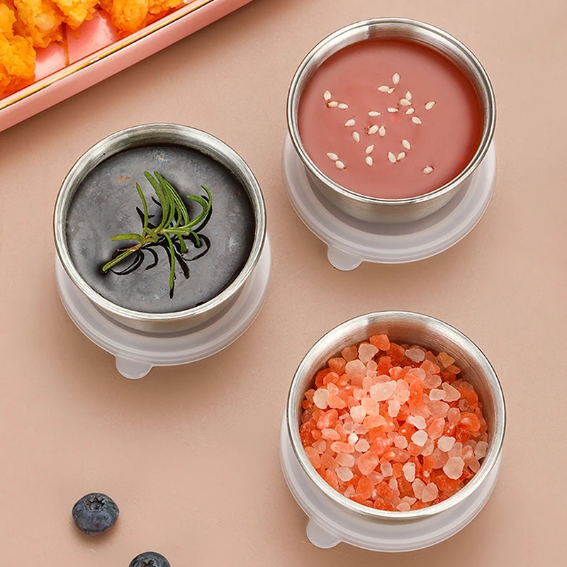 1/6pcs 40ML Salad Dressing Container Sauce Dishes Portable Stainless Steel Small Sauce Cup With Leakproof Lids Dipping Cups view 4