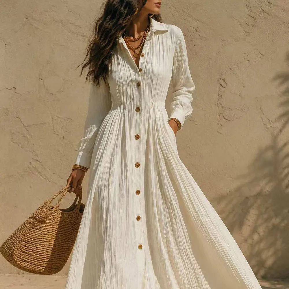 Damen Crinkle-Maxikleid mit Reverskragen, Knopfleiste, Langen Ärmeln und Taschen, Fließendes Kleid für Herbst, Strand, Reisen, Lässiges A-Linien-Kleid