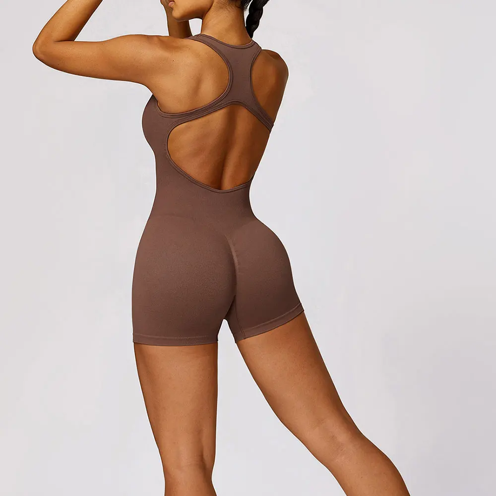 Seamless Yoga Romper Sexy Hollow Backless Scrunch Butt Sport Jumpsuit Short Woman One Piece Gym Outfit  Zipper Fitness Overalls