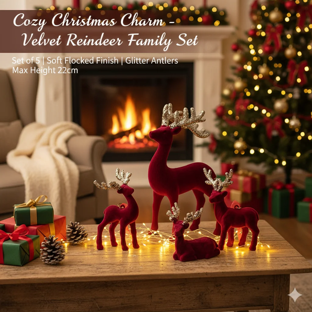 

Christmas Velvet Reindeer Ornaments Set Wine Red Elk With Sparkling Antlers For Holiday Table Tree Scene Display Home Decor