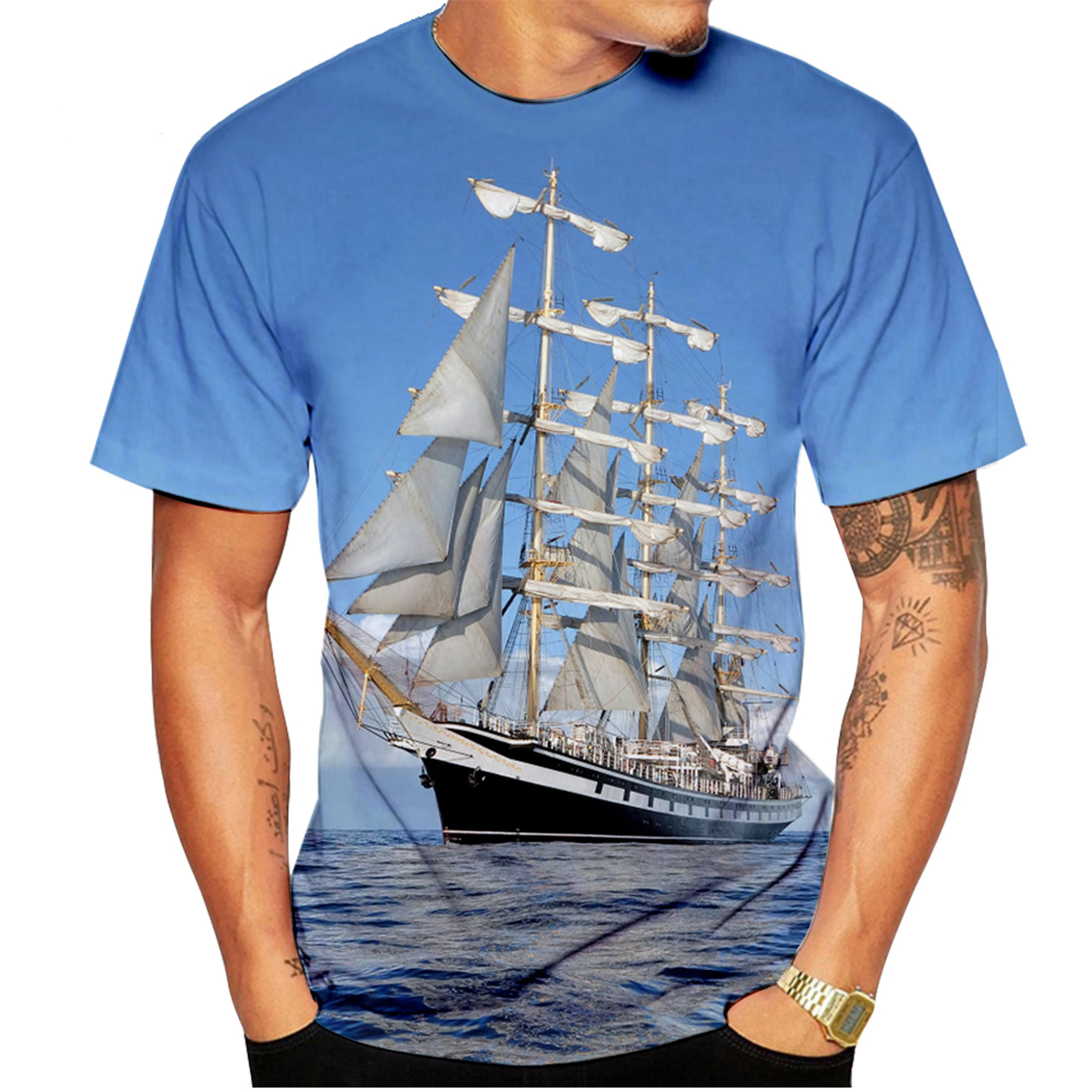 New Fashion Wave Sea Water Bow Bottle Anchor 3D Printing T-shirt Men's and Women's Casual Short-sleeved T-shirt