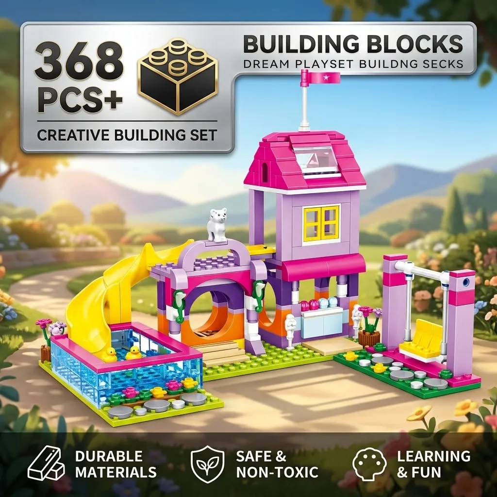 368PCS Girls Playground Building Blocks, City Street View Playhouse Model with Slide & Swing, DIY Toy Gift for Kids Teens