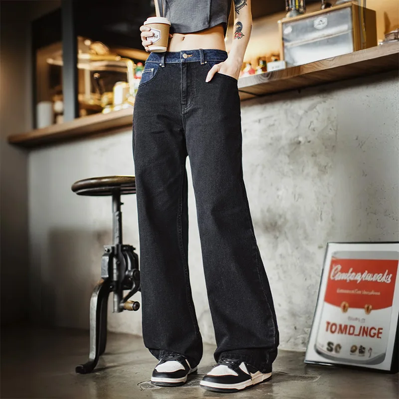 Maden Vintage Color-Blocked Denim Jeans Sprane spodnie z wysokim stanem dla kobiet Wiosna i jesień Wszechstronne czarne dżinsy