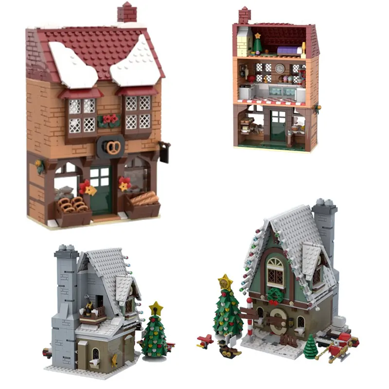 

MOC-235708 Зимняя деревенская пекарня, уличное здание, 201852, маленький звездный домик, сборка мелких частиц, строительный блок, игрушка в подарок