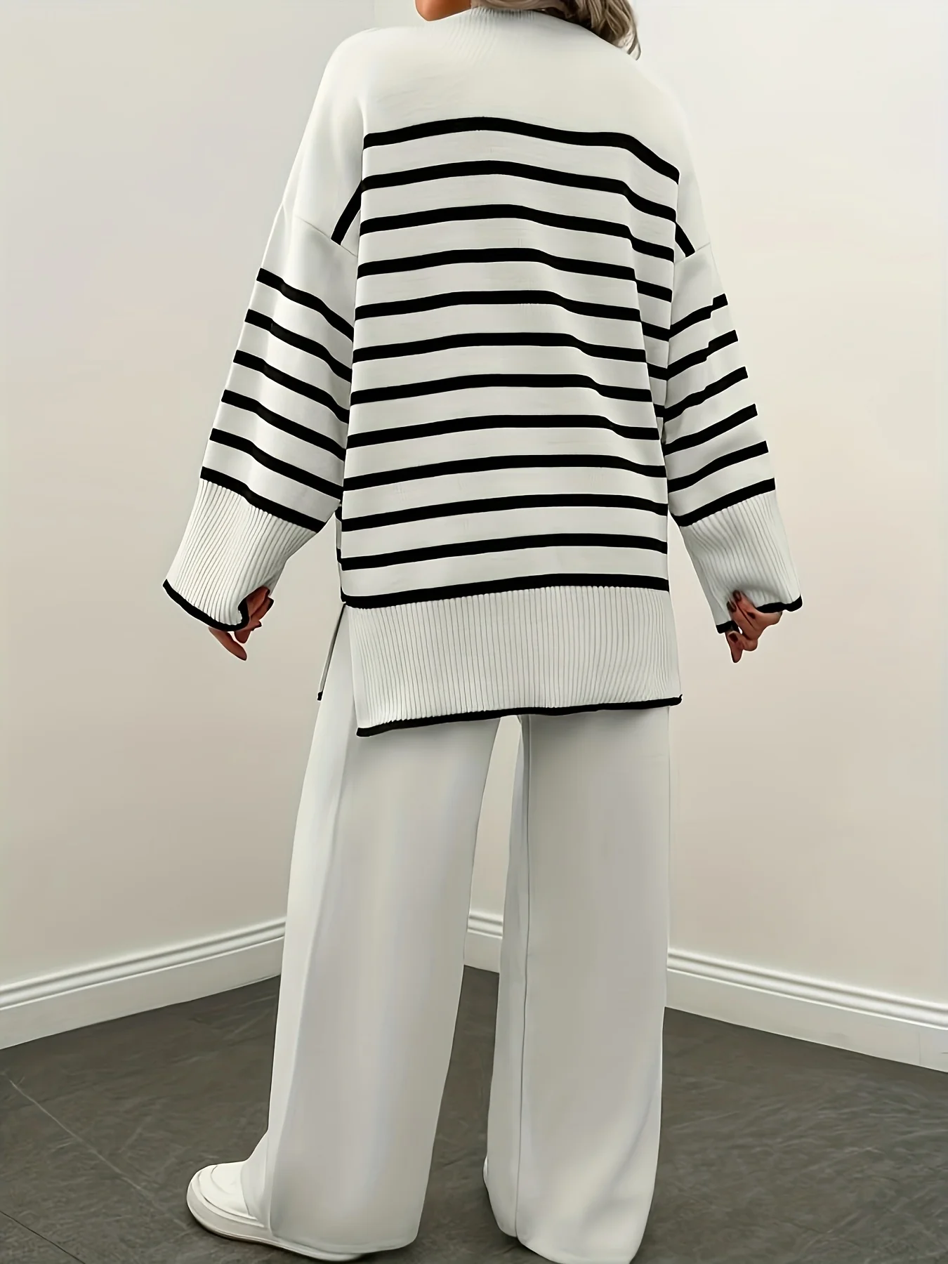 Plus Size Women 2 Piece Set Striped Sweater & Wide Leg Pants Casual Autumn Winter Knit Outfit