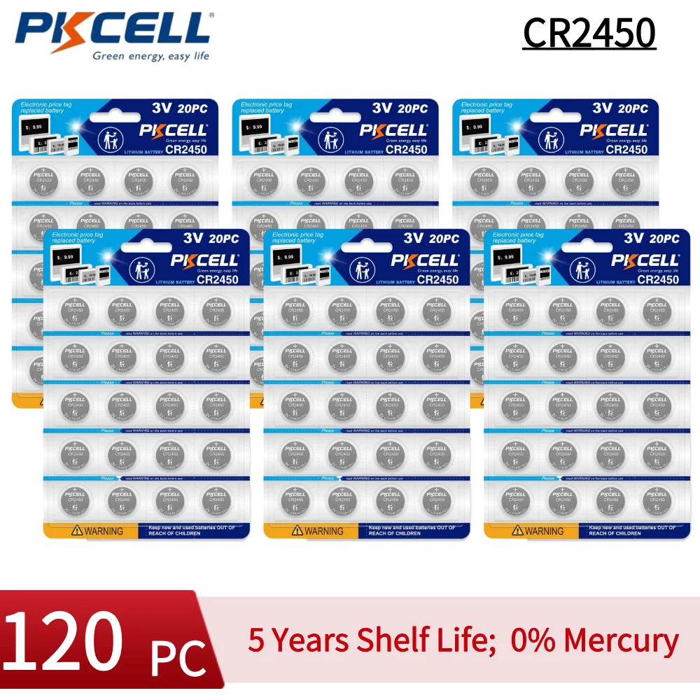 PKCELL 120PCS CR2450 Lithium Battery 3V Lithium CR 2450 Coin Button Batteria 3V lithium Coin Cell Batteries for Rmotes Control