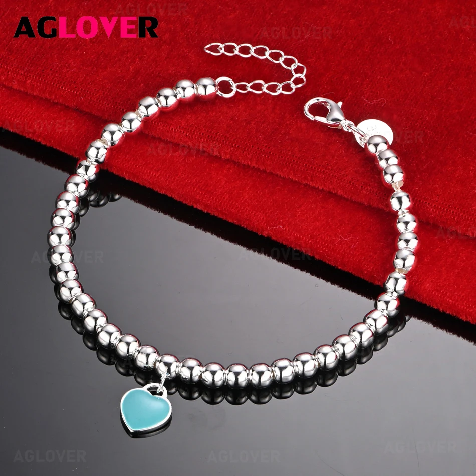 

AGLOVER 925 Sterling Silver 6mm Round Bead Chain Blue Love Pendant Bracelet Cute Charming Woman Birthday Gift Jewelry