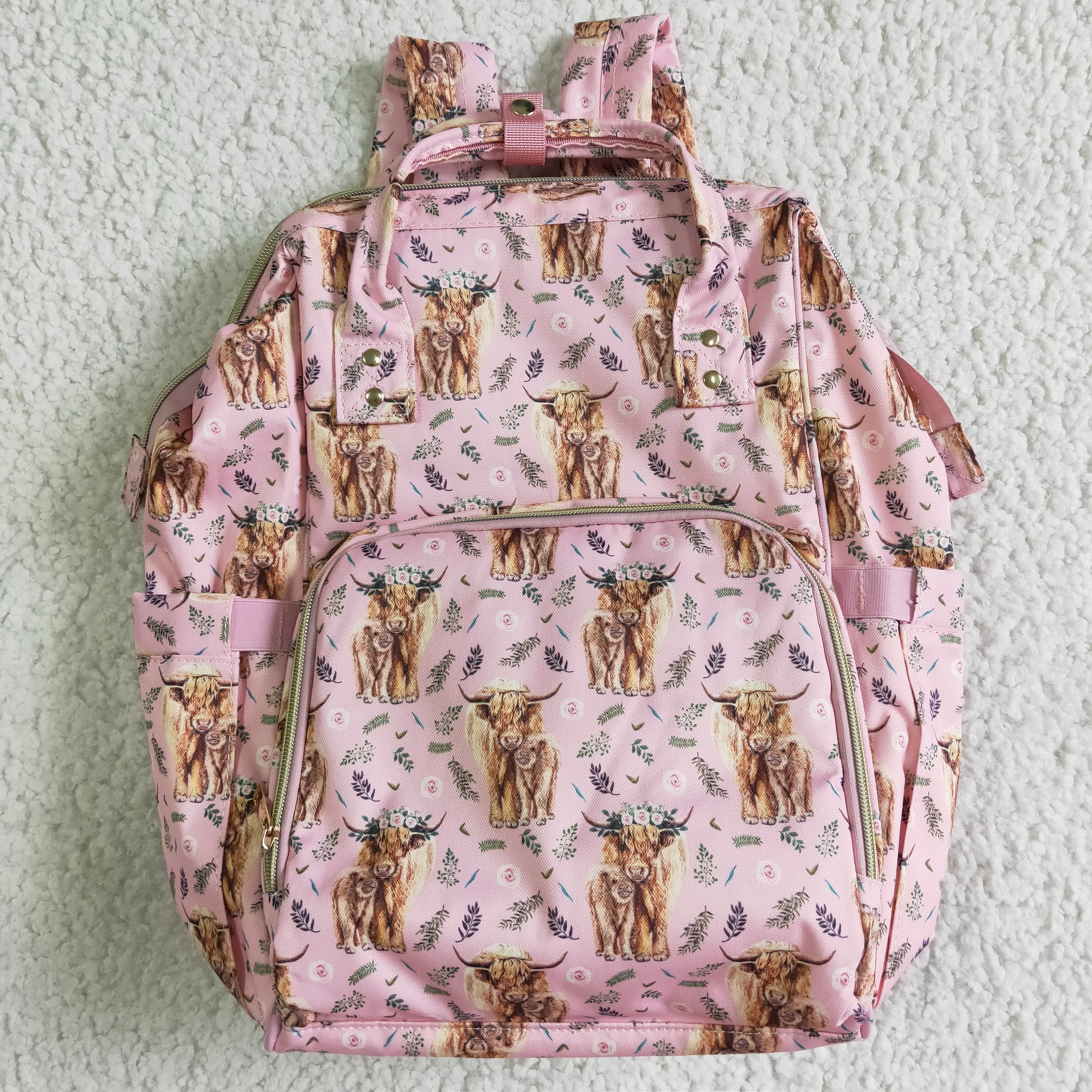 

children pink highland cow pattern backpack