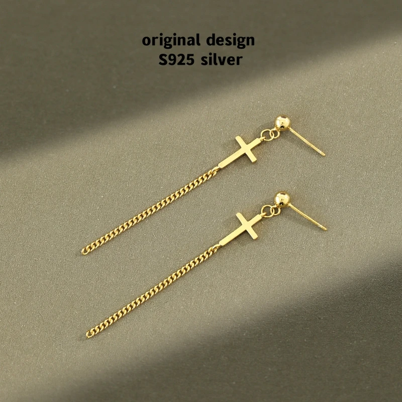 

European Hot Selling S925 Sterling Silver Cross Tassel Stud Earrings for Women Fashion Banquet High Jewelry