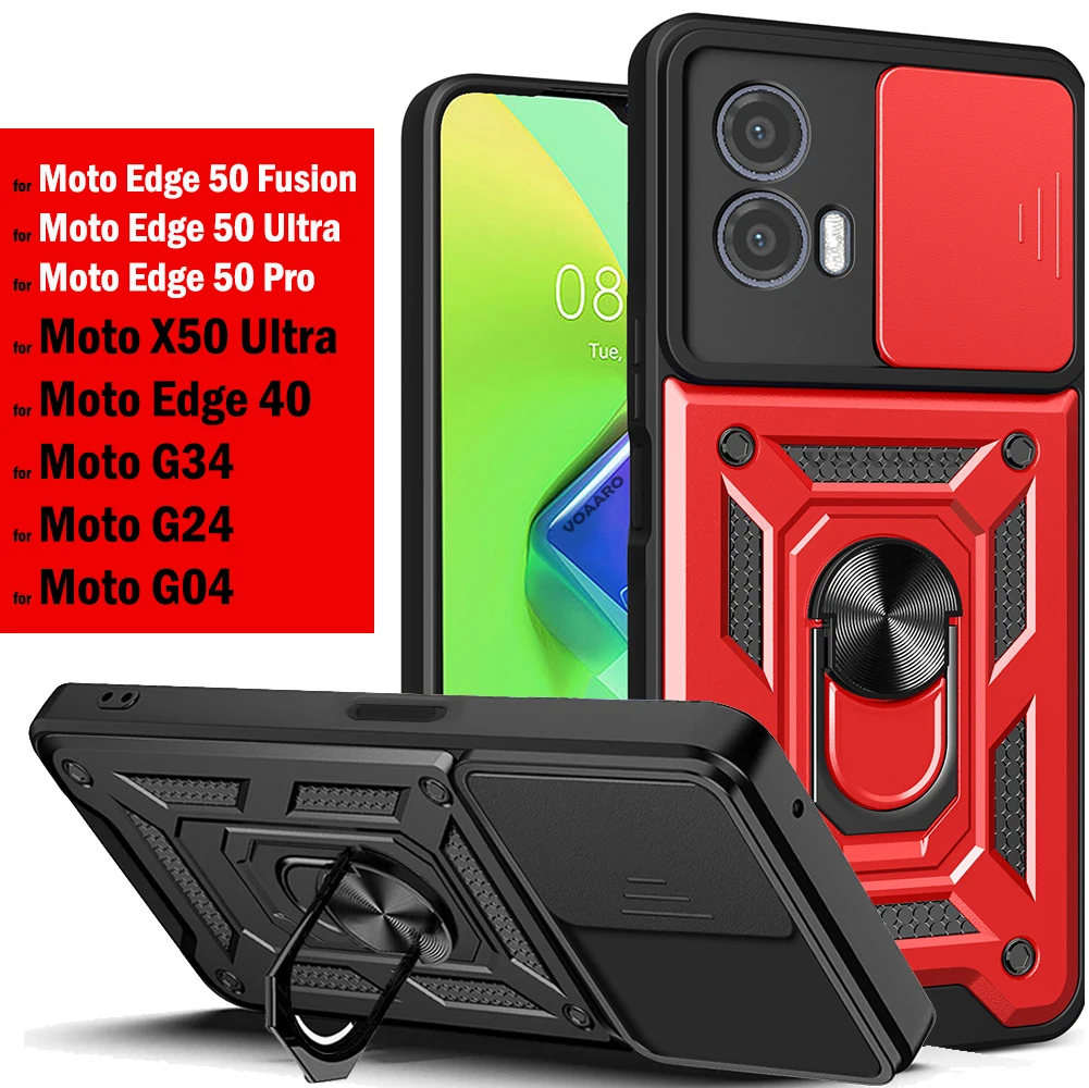 slide Lens Armor funda for Motorola MOTO G34 5G Case for Motorola Moto G24 G04 X50 Edge 50 Ultra Fusion Case Stand Holder Cover