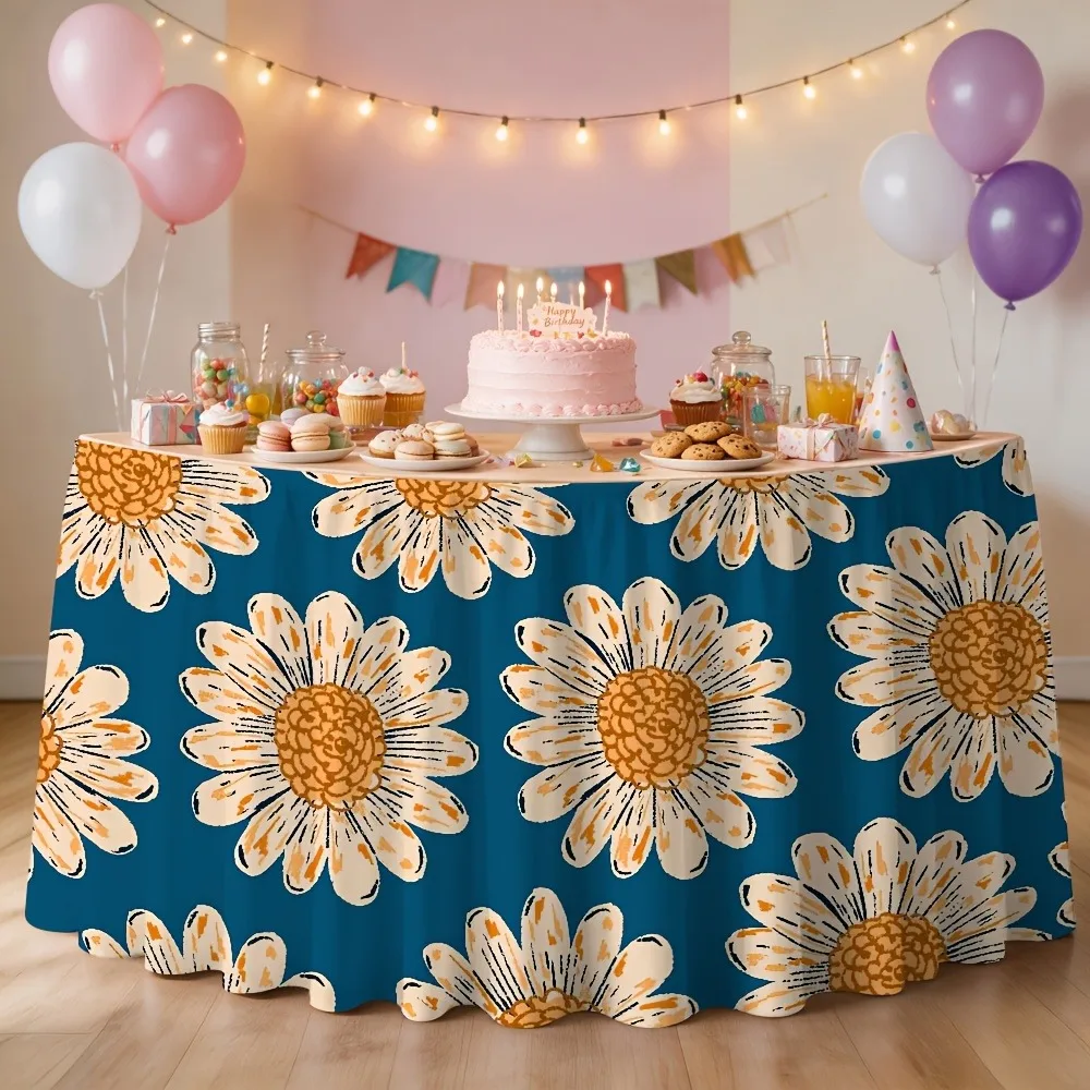 Daisy-patterned printed table skirt. Suitable for birthday parties, indoor home decoration and festival celebrations.