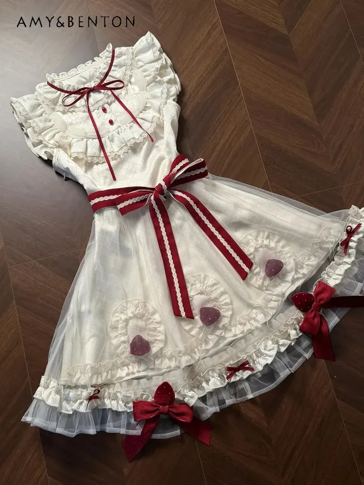 

2026 Summer Women's Japanese Sweet Cute Bow Design Waist Slimming Mesh Sleeveless Short Cake Dress for Holiday Party Daily Wear