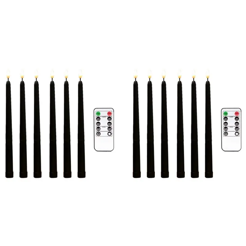ABJI-12Pcs Flameless Black Taper Candles Flickering With 10-Key Remote Timer, Operated LED Candlesticks Window Candles