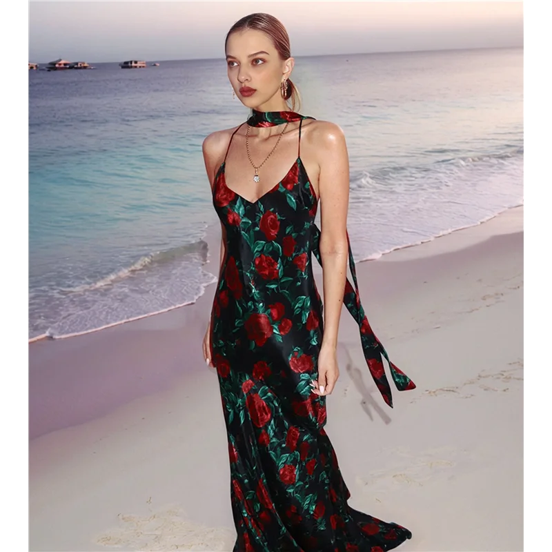 CGS-robe Maxi moulante pour femmes, bretelles d'été, imprimé Floral, moulante, soirée, Club, dos nu