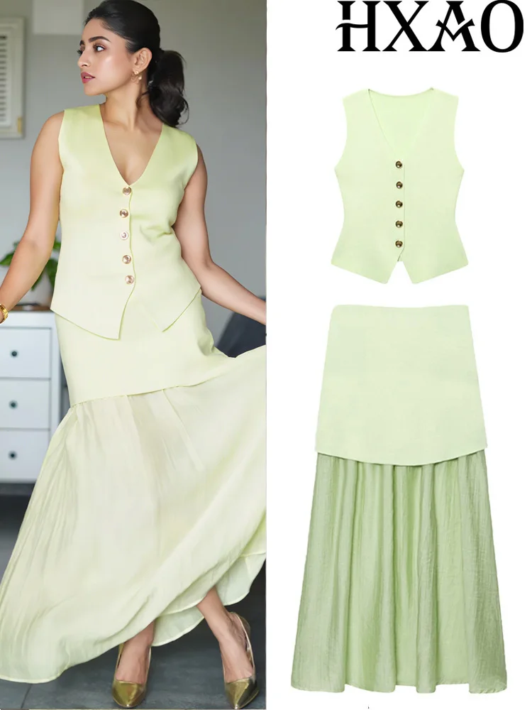 

HXAO Top Dress Women's Two Pieces Set Summer Elegant Female Outfit Green Fashion Skirt And Top Suit 2 Piece Set