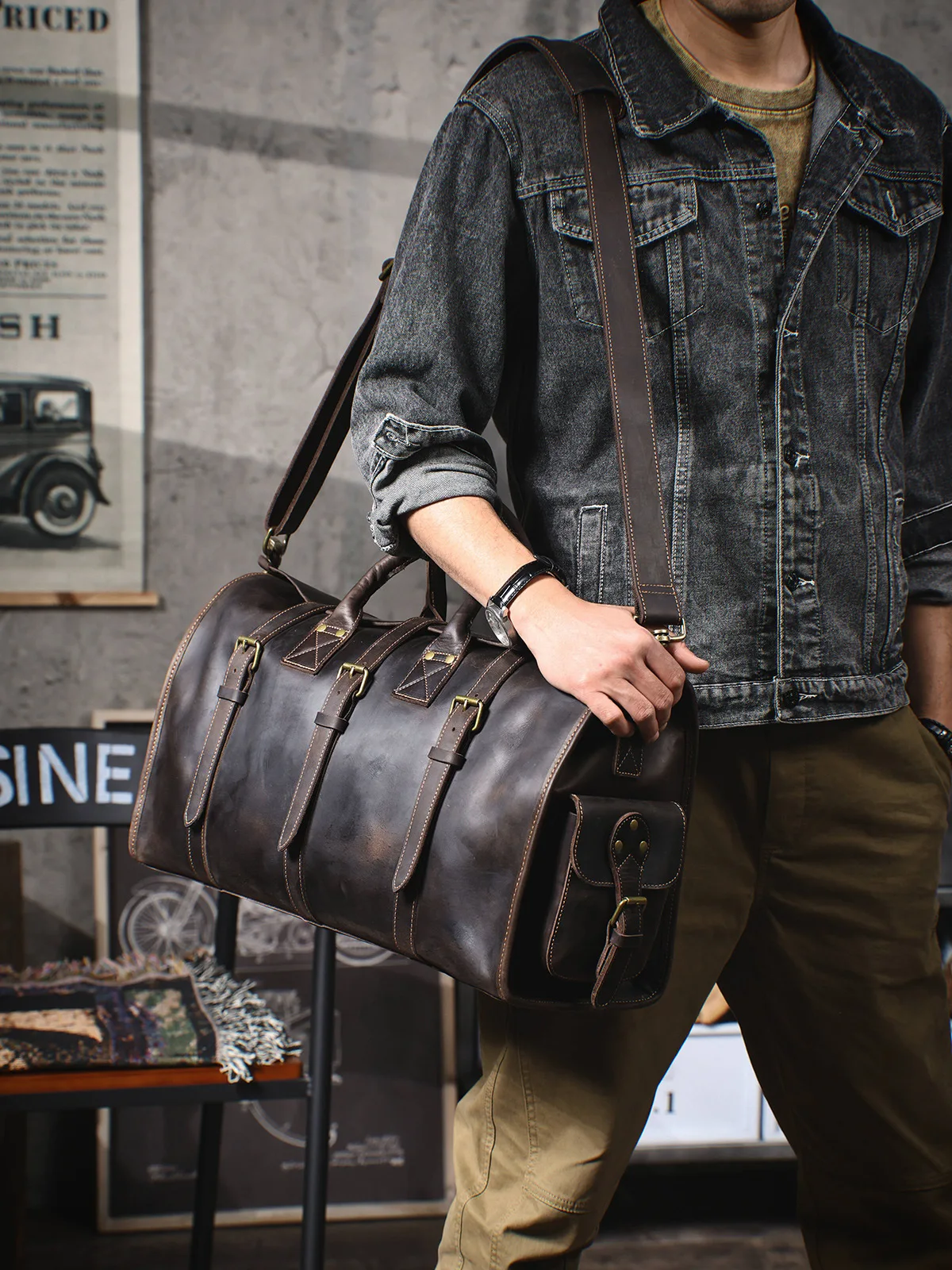 PNDME designer handmade crazy horse cowhide men's travel bag vintage luxury genuine leather large-capacity fitness handbag
