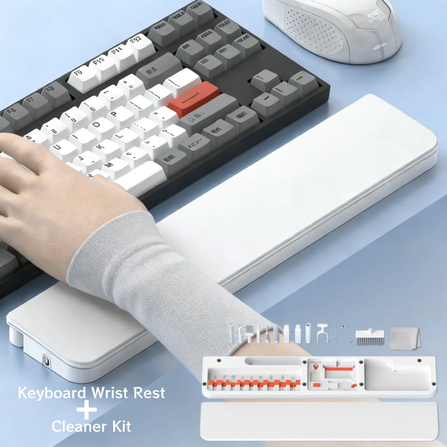 

14-in-1 Keyboard Cleaner Kit with Ergonomic Wrist Rest PU Leather Memory Foam Wrist Support for Office & Gaming Laptop Phone